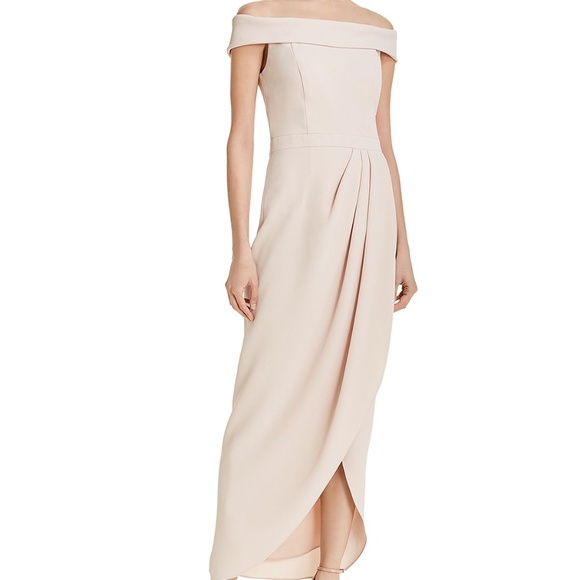 AQUA Off-the-Shoulder Draped Crepe Gown Blossom